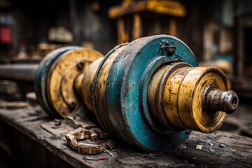 Old machinery component resting on a workbench in a dimly lit industrial workshop showcasing wear from years of use