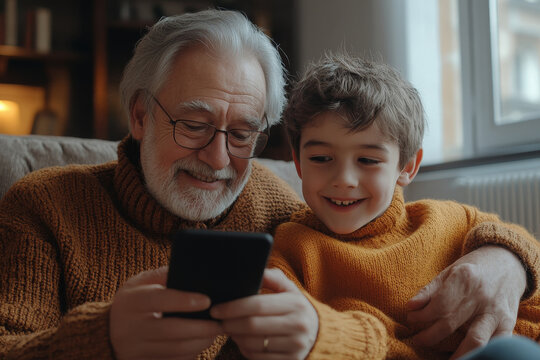 Smiling mature grey-haired 60s father and grownup son relax on sofa at home browse smartphone together. Happy older Caucasian dad and adult man child have fun use cellphone talk on call