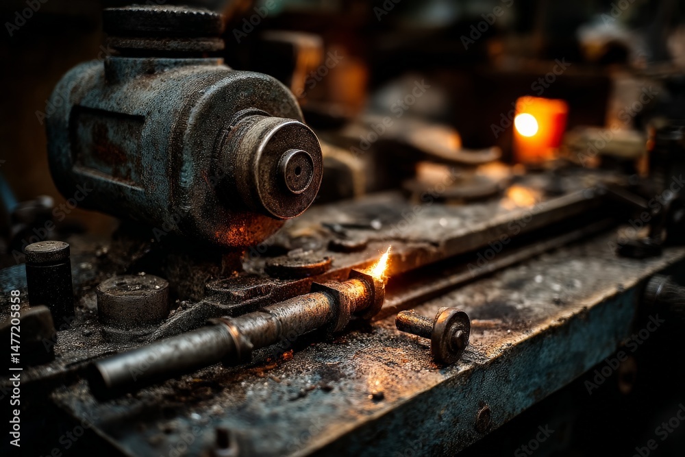 Poster Sparks fly during metalworking in an industrial workshop at dusk while creating precision parts for machinery