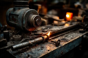 Sparks fly during metalworking in an industrial workshop at dusk while creating precision parts for machinery