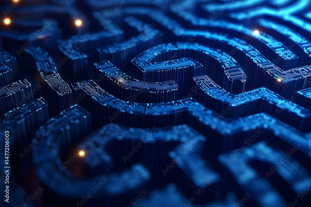 Poster abstract digital maze pattern interconnected circuit elements ethical dilemma symbolism deep blue te