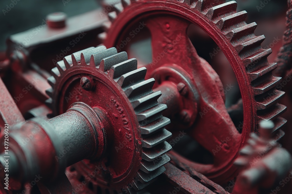 Aufkleber close-up view of rusted gears in action within a vintage mechanical machine