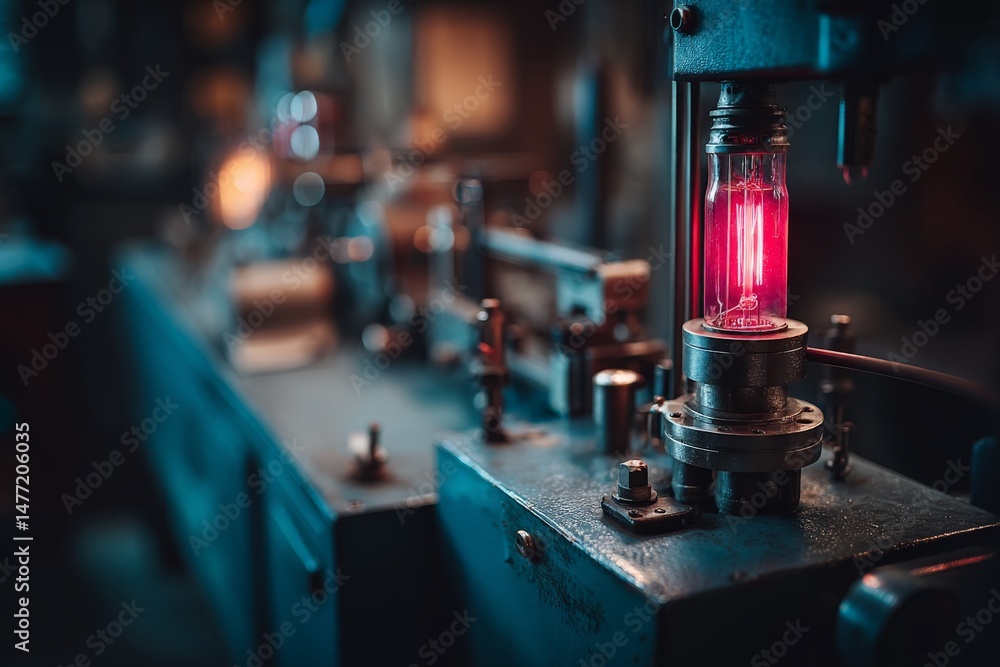 Poster intricate machinery with glowing red lamp in a vintage workshop setting during evening hours