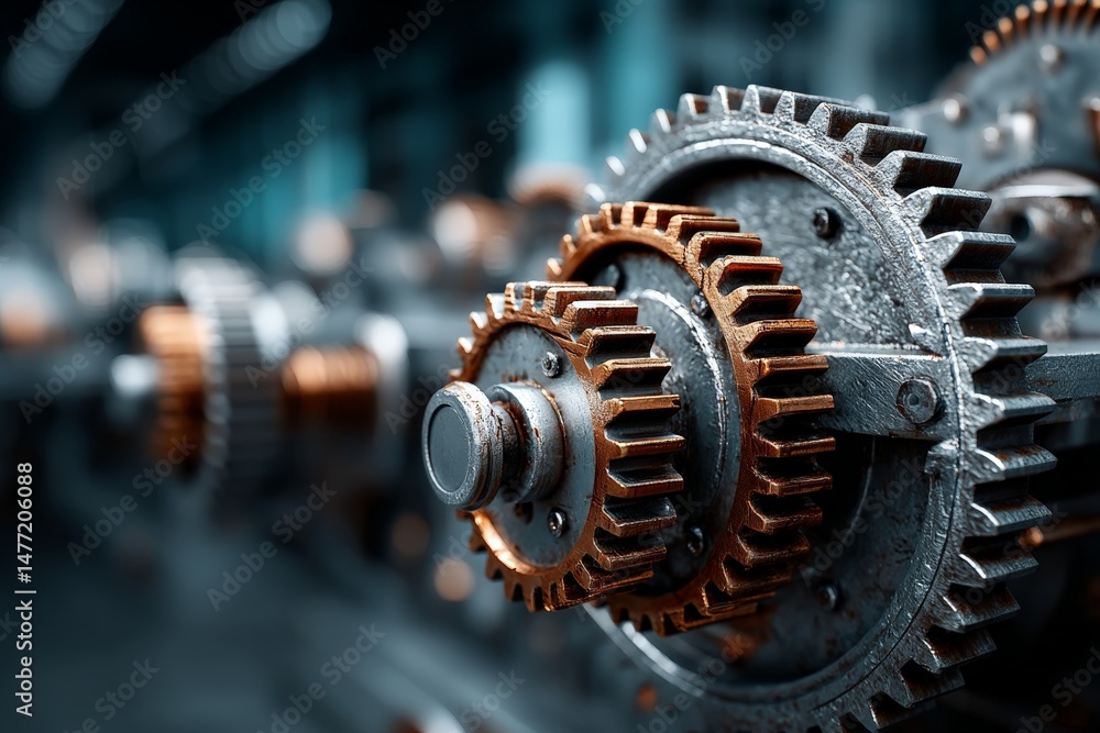 Poster close-up view of intricate metal gears in motion within an industrial workshop setting