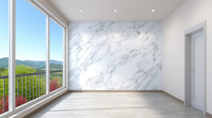 Fototapeta premium A bright sunlit empty room features a marble accent wall, light wood floors, and large overlooking a scenic mountain landscape from a balcony.