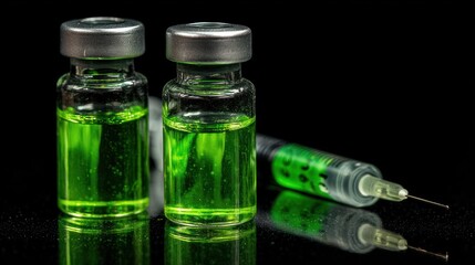Two vials and a syringe filled with green liquid against a black background.