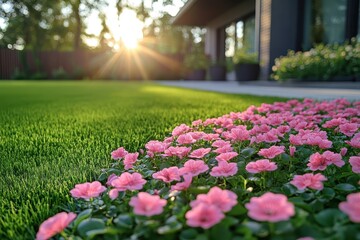 Sunlight filters through trees illuminating a garden with blooming pink flowers during a serene morning