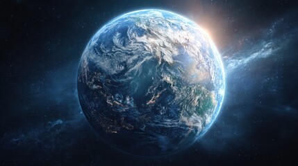 Earth view from space with sun flare and cosmic background.