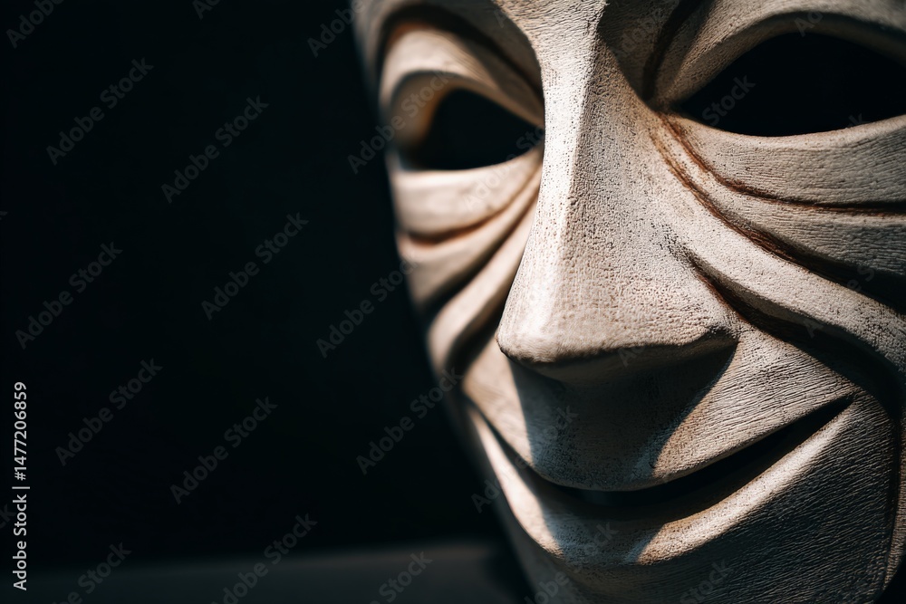 Aufkleber Expression of joy highlighted in a carved wooden mask illuminated against a dark backdrop