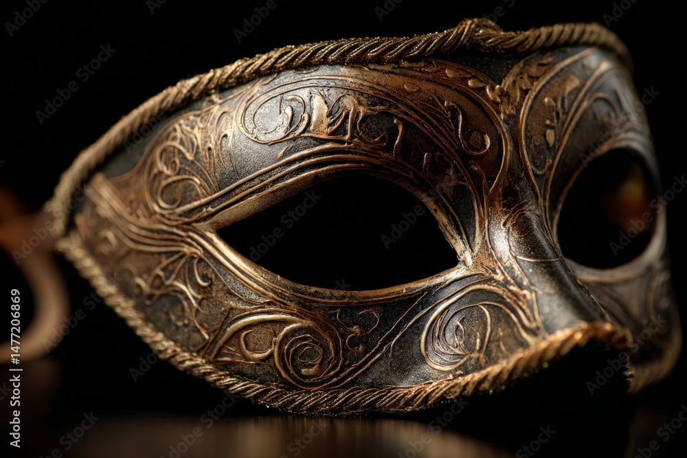 Poster Intricately designed masquerade mask highlighting craftsmanship with elegant patterns and vintage appearance