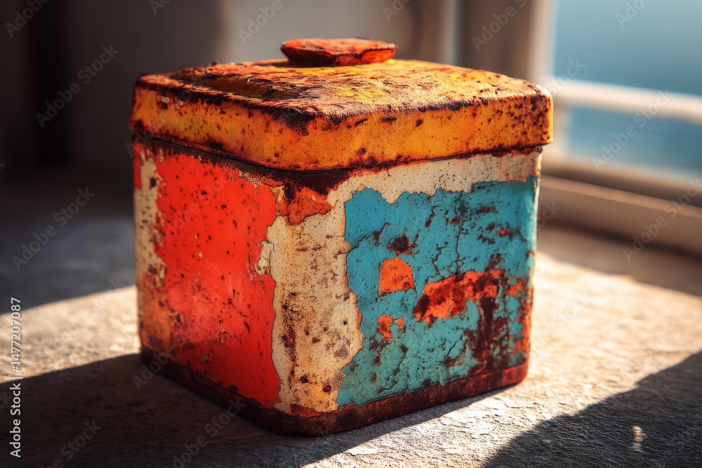 Poster Rusty colorful container resting in sunlight on a textured surface with soft shadows in a serene indoor setting