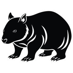 Black Silhouette of Wombat with Visible Ears, Eyes, Claws, and Fur Markings