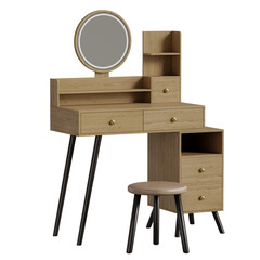 A wooden desk with a mirror and a stool