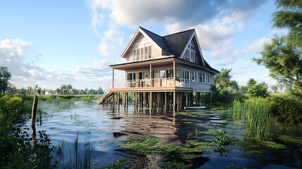 Obraz premium Wooden house elevated over water reflecting sky