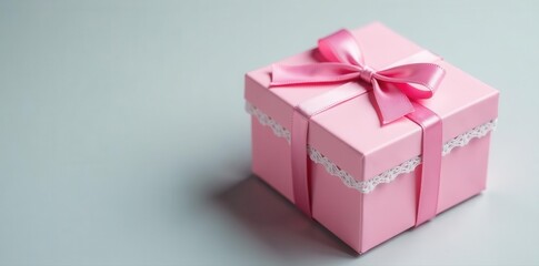 Obraz premium Pink gift box with white lace trim and a small satin bow , clean, decor