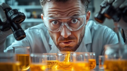 Scientist analyzing liquid samples and using microscope in laboratory