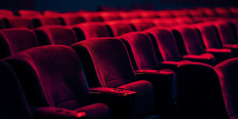 Obraz premium 上映を待つ赤い座席が静かに並ぶ映画館の室内。物語の始まりを待つような期待感と、映画館ならではの非日常的な空気感を表現した一枚です。