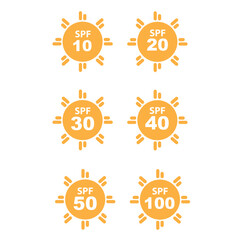Set of simple flat SPF sun protection icons for sunscreen packaging. 