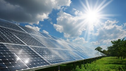Solar panels in a field with sun and clouds generating clean energy.