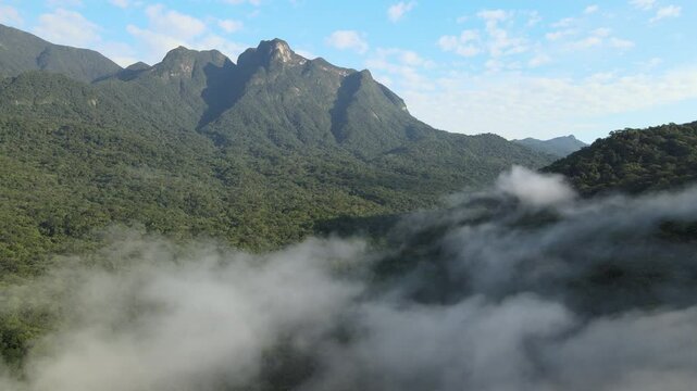 Voo sobre serra do mar na mata atl&acirc;ntica em Morretes no Paran&aacute; com Morro do sete ao fundo.