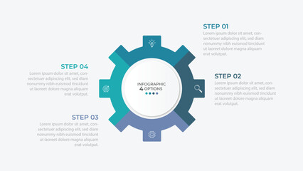 infographic 4 point stage template with gear shape piechart slice style for slide presentation vector