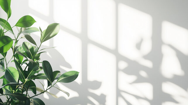 自然光に照らされた観葉植物が、清潔感ある室内にやわらかな影を落とすミニマルな空間。モダンな暮らしや静かな空間、自然を取り入れたインテリアデザインに最適なイメージです。