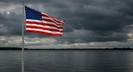 American Flag Waving Over Lake with Storm Clouds
