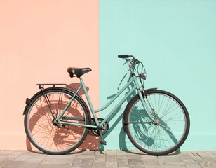 A teal bicycle leans against a pastel pink and mint green wall.  Perfect for travel, lifestyle, and summer themes.