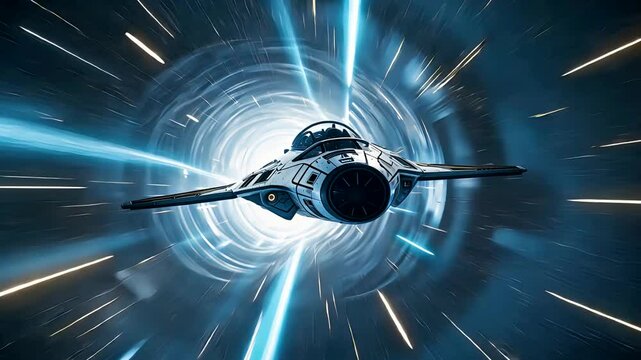 Spaceship Traveling Through Light Tunnel in Deep Space at Warp Speed