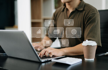 Digital marketing media in virtual screen.businesswoman hand working with mobile phone and modern...