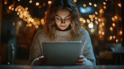 Woman using tablet at night