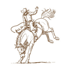 Western Rodeo Cowboy Illustration of a Man Balancing on a Wild Bucking Bronco Horse in Mid-Kick Action Pose

