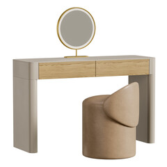 A vanity with a mirror and a stool