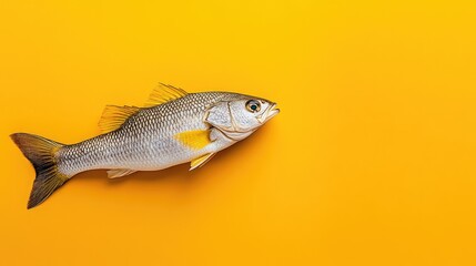 Fototapeta premium Detailed image of a sea bass's body pattern lying on flat orange background