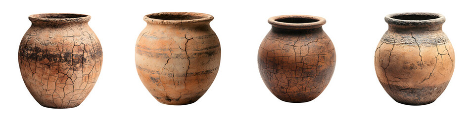 Antique clay pots showcasing rustic charm and intricate textures, ideal for decorative displays and cultural exhibitions in earthy, neutral tones with a vintage aesthetic