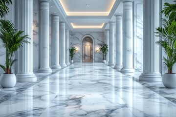 Fototapeta premium Elegant marble corridor with towering columns and lush greenery in a luxurious setting