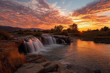 Waterfalls glow as the sun sets behind them, igniting the sky in fiery hues that reflect the fleeting beauty of nature's perfect moment.