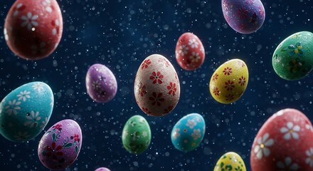 Fototapeta premium Colorful Decorated Easter Eggs Floating on Dark Blue Background