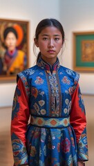 Fototapeta premium Mongolian female teen wearing a modern deel in an art gallery