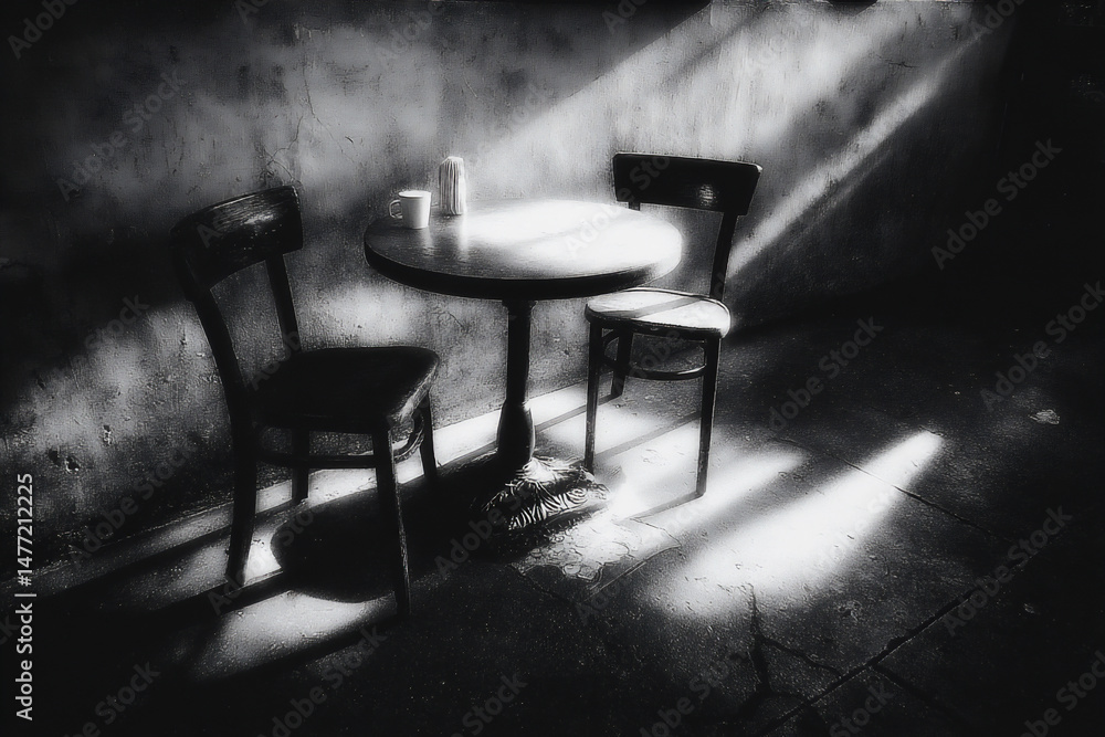 Poster a serene photograph of an empty round table and two wooden chairs by a window with soft sunlight cas