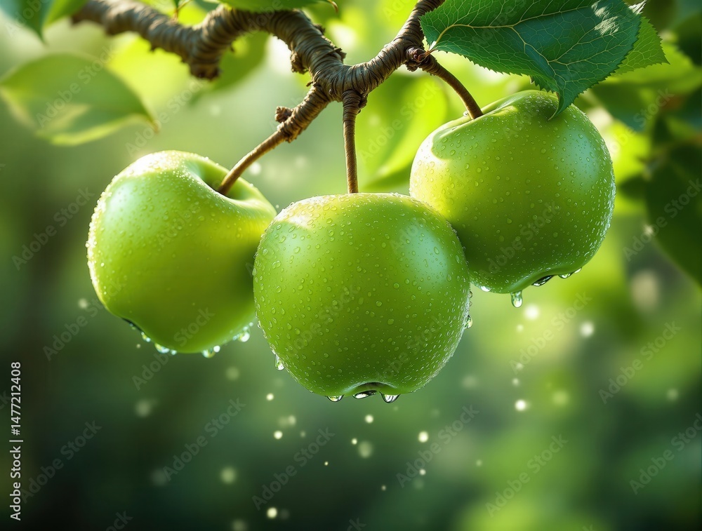 Poster green apples hanging from tree branches, covered in dew droplets.