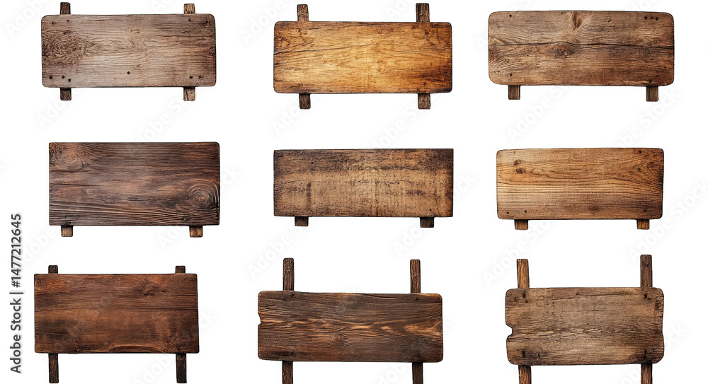 Poster nine rustic wooden signs with rough edges and different wood grain patterns isolated on a transparen