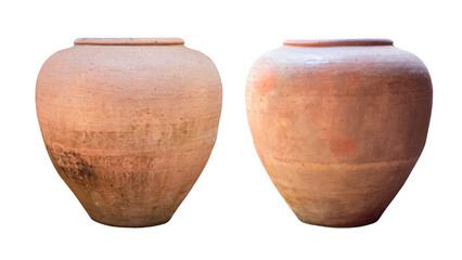 Antique ceramic decorative amphora on a transparent background. Clay pottery pot, a set of ancient utensils for gardening and interior, PNG File