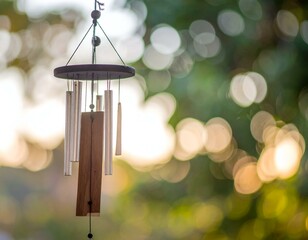 Serene wind chime hanging outdoors, bathed in soft sunlight, blurred green background. Perfect for relaxation, tranquility themes.