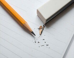 Sharpened pencil with eraser shavings on lined paper.  A close-up image showing details of the pencil, eraser, and wood shavings.