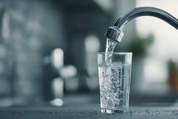 Water flows from a faucet into a glass in a kitchen setting.