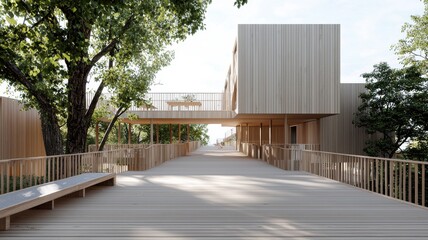 Obraz premium Modern Wooden Building with Elevated Walkway building modern wooden architecture wood ramp railing