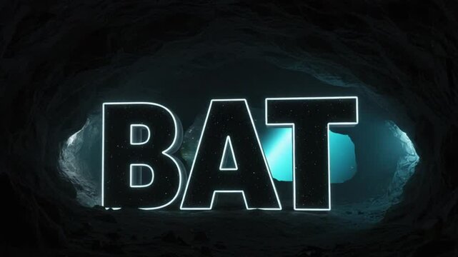 3D starlit text 'BAT' with dark cave glow &mdash; quiet and sharp.