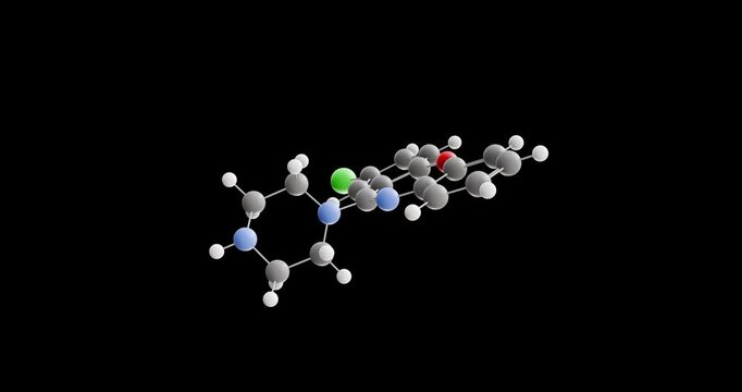 Amoxapine molecule, rotating 3D model of antidepressant, looped video on a black background