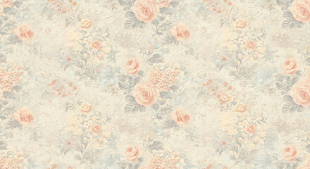 A delicate, seamless pattern featuring soft pink and peach roses and other flowers scattered across a textured background, evoking a romantic vintage or shabby chic style.
